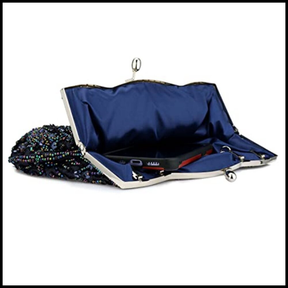 Elegant Beaded Sequin Floral Clutch Bag Detachable Wristlet Evening Purse - Picture 4 of 7